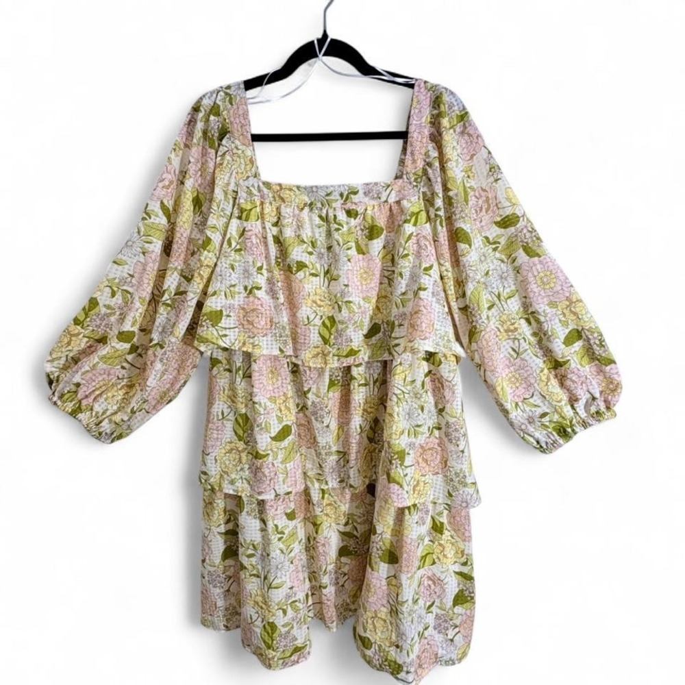 Romantic Cottagecore Mini Dress Floral Tiered Ruffle Bishop Sleeve Pastel XL